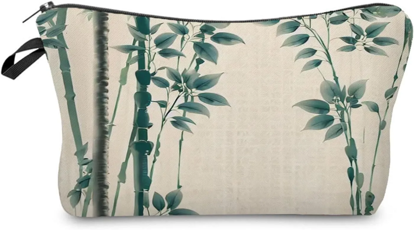 Bamboo Cosmetic Bag Cute Small Aesthetic Makeup Organizer Bag with Zipper Chinese Traditional Painting Bamboo Toiletry Makeup Bag Birthday Presents for Artists Women Friends