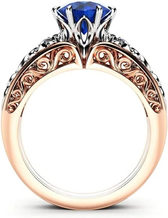BeBold 1.2ct Round Cut Created Blue Sapphire Engagement Ring for Women Sterling Silver Dual Tone Plated Art Deco Flower
