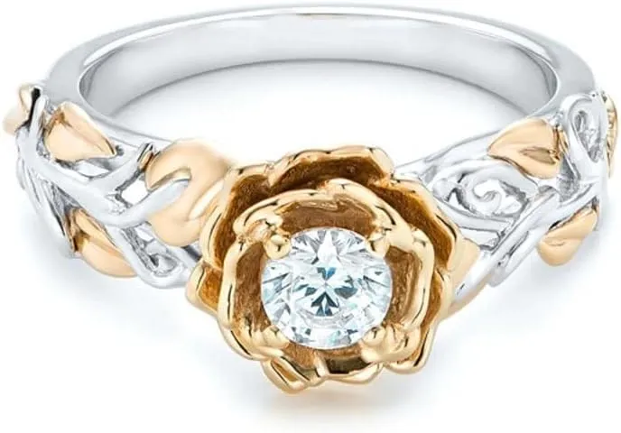 BeBold 1ct Round Cut Simulated Diamond CZ Engagement Ring for Women Sterling Silver Dual Tone Plated Flowers Promise