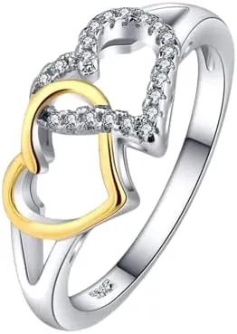 BeBold 2ct Round Cut Simulated Diamond CZ Engagement Ring for Women Sterling Silver Dual Tone Plated Double Heart Promise