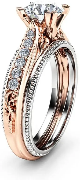 BeBold 2ct Round Simulated Diamond CZ Engagement Ring for Women Sterling Silver Dual Tone Plated Unique Art Deco Milgrain