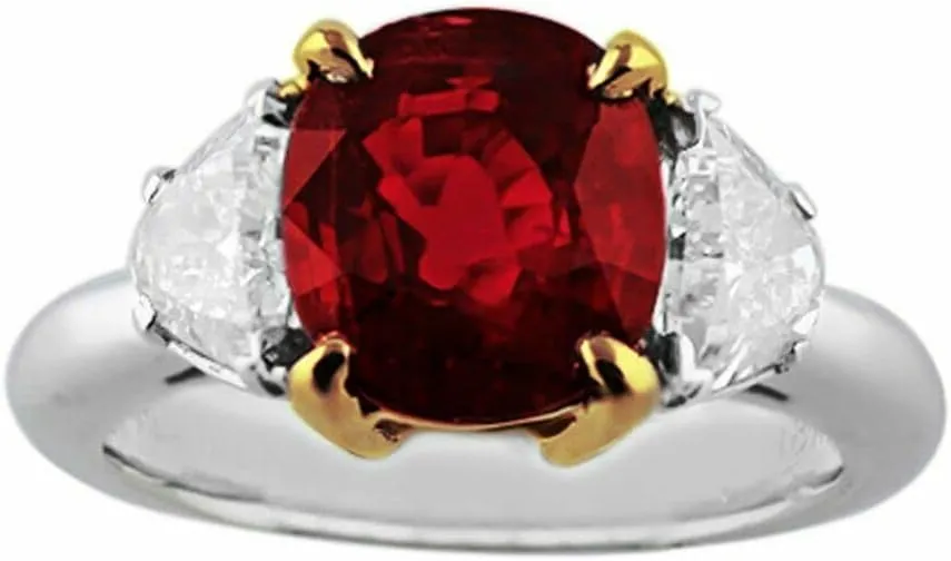 BeBold 3Ct Oval Cut Red Created Garnet Trilogy Engagement Ring for Women Sterling Silver Dual Tone Rhodium Plated
