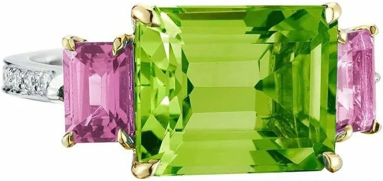 BeBold 4ct Emerald Cut Green Created Peridot Engagement Ring for Women Trilogy Accent Sterling Silver Dual Tone Plated