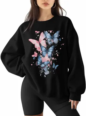 BEMIGO Womens Crewneck Sweatshirt Butterfly Oversized Sweatshirt Blue Pink Casual Basic Graphic Tops