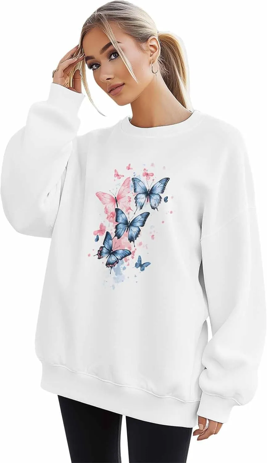 BEMIGO Womens Crewneck Sweatshirt Butterfly Oversized Sweatshirt Blue Pink Casual Basic Graphic Tops