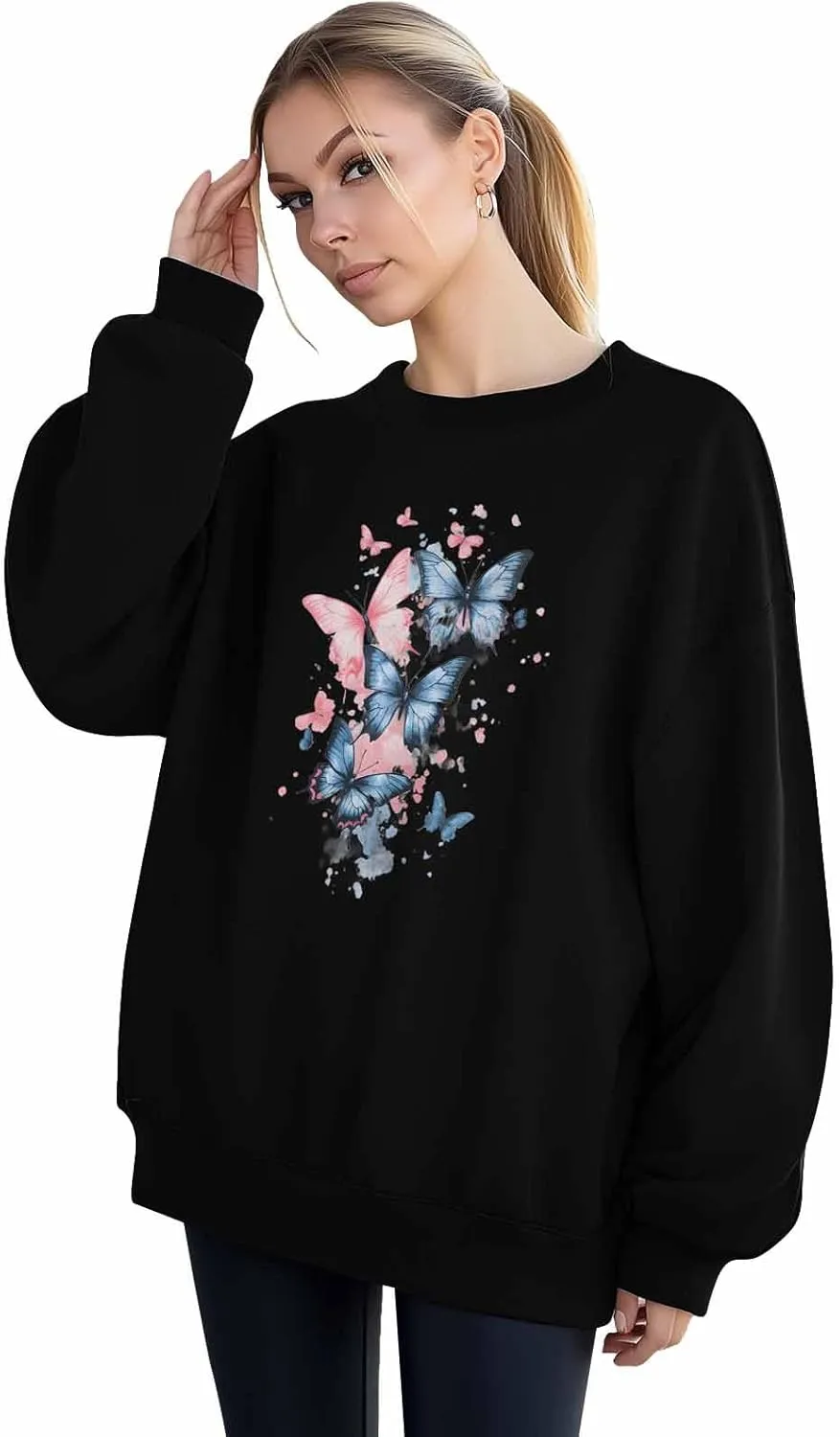 BEMIGO Womens Crewneck Sweatshirt Butterfly Oversized Sweatshirt Blue Pink Casual Basic Graphic Tops