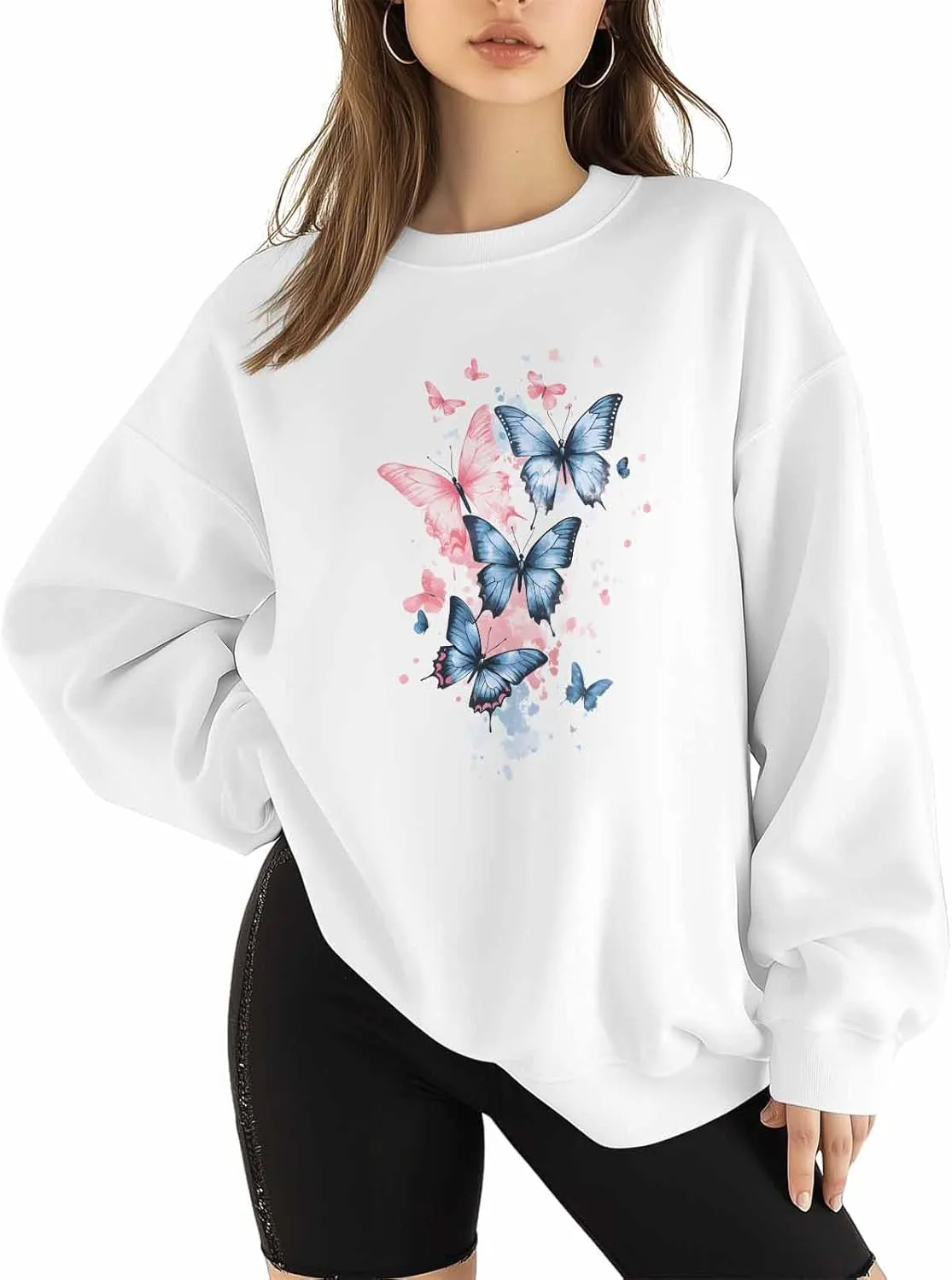 BEMIGO Womens Crewneck Sweatshirt Butterfly Oversized Sweatshirt Blue Pink Casual Basic Graphic Tops