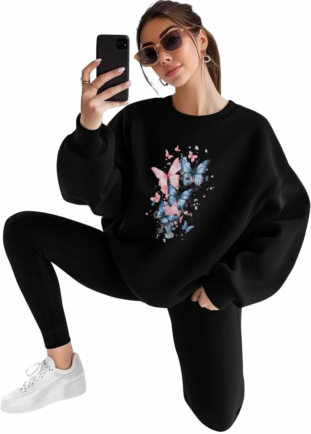 BEMIGO Womens Crewneck Sweatshirt Butterfly Oversized Sweatshirt Blue Pink Casual Basic Graphic Tops
