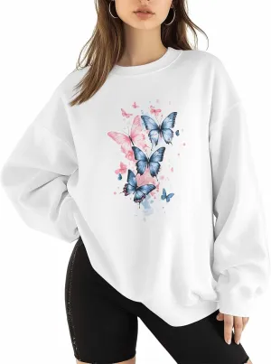 BEMIGO Womens Crewneck Sweatshirt Butterfly Oversized Sweatshirt Blue Pink Casual Basic Graphic Tops