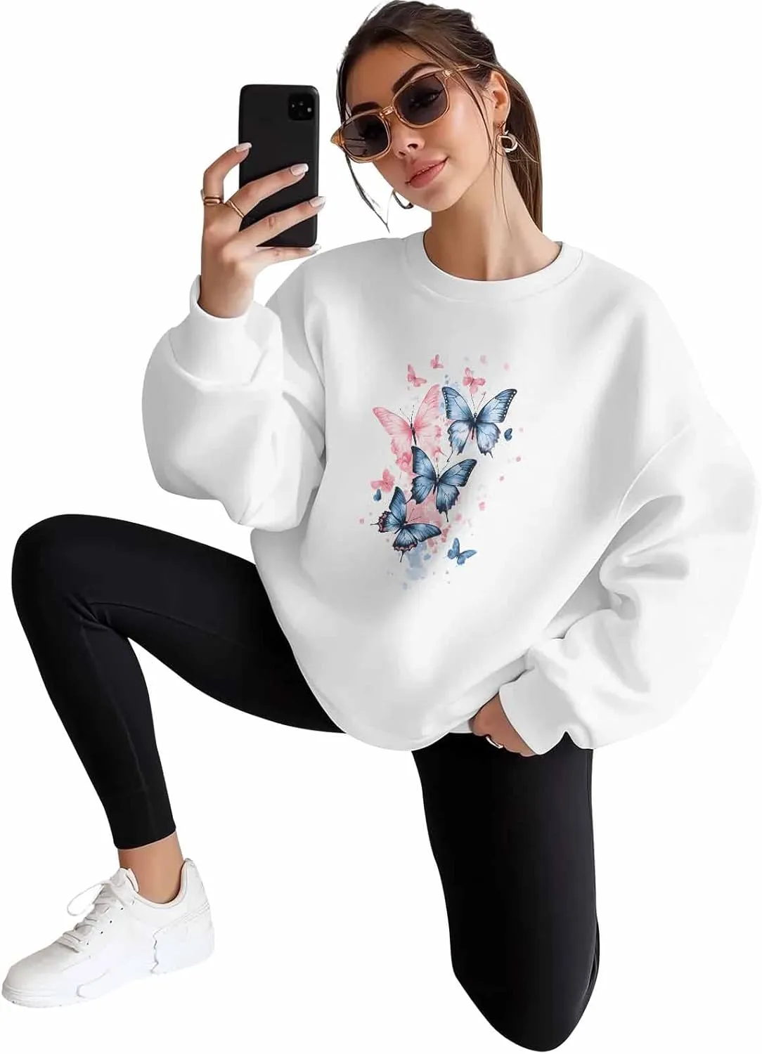 BEMIGO Womens Crewneck Sweatshirt Butterfly Oversized Sweatshirt Blue Pink Casual Basic Graphic Tops