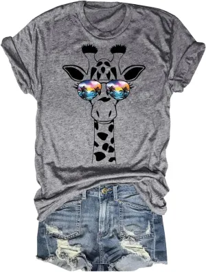 Beopjesk Womens Summer Giraffe Printed T-Shirt Funny Cute Animal Graphic Tees Tops