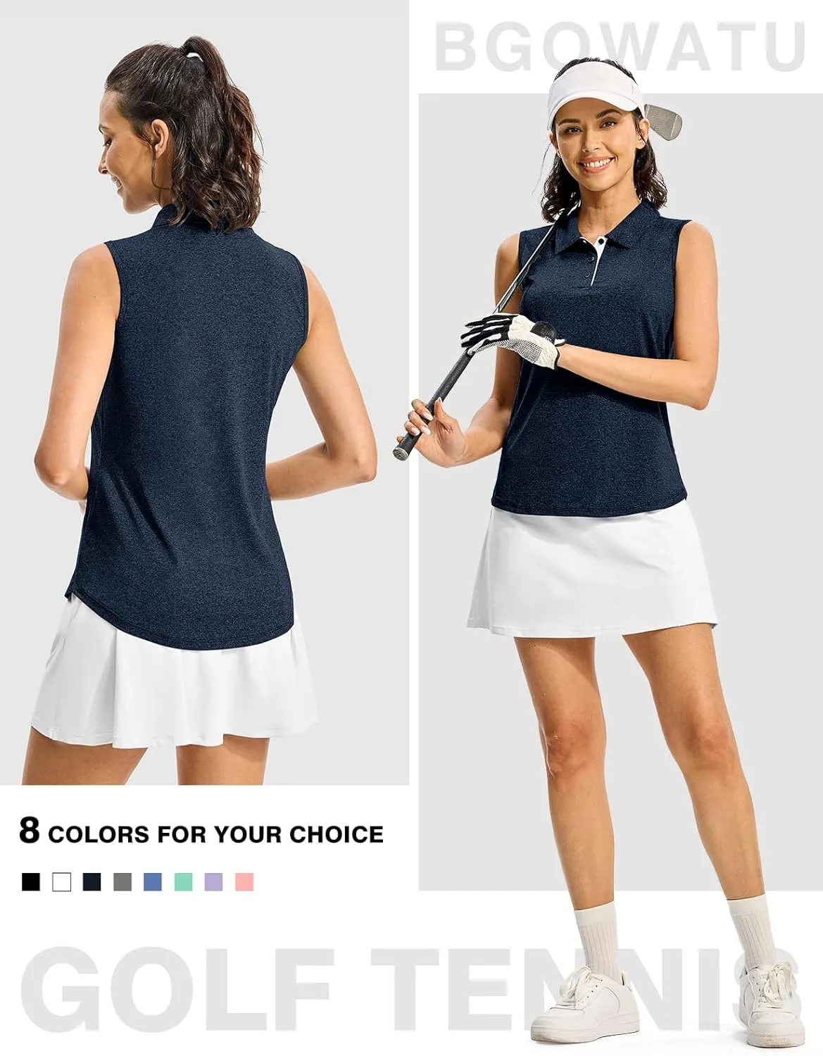 BGOWATU Women's Golf Shirts Sleeveless Polo Shirts Collared 3 Buttons Tennis Tank Tops UV Protection Quick Dry