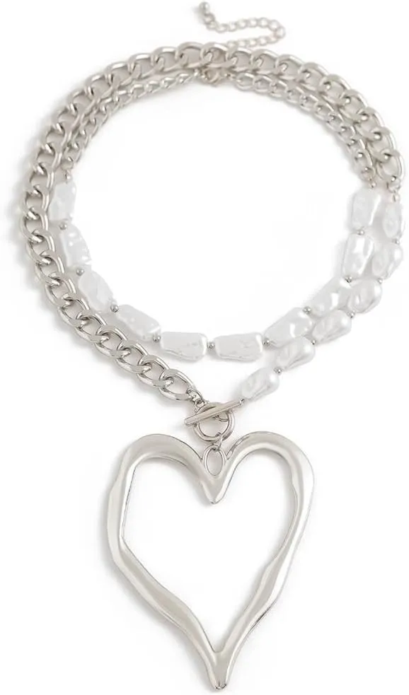 Big Hollow Heart Pendant Necklace,Vintage Plated Gold Chain Baroque Pearl Statement Choker,Aesthetic Thick Love Layered Collarbone Necklace for Women