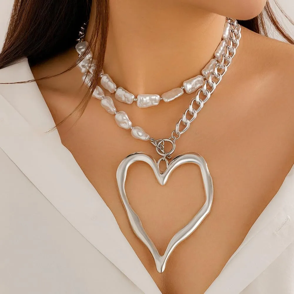Big Hollow Heart Pendant Necklace,Vintage Plated Gold Chain Baroque Pearl Statement Choker,Aesthetic Thick Love Layered Collarbone Necklace for Women