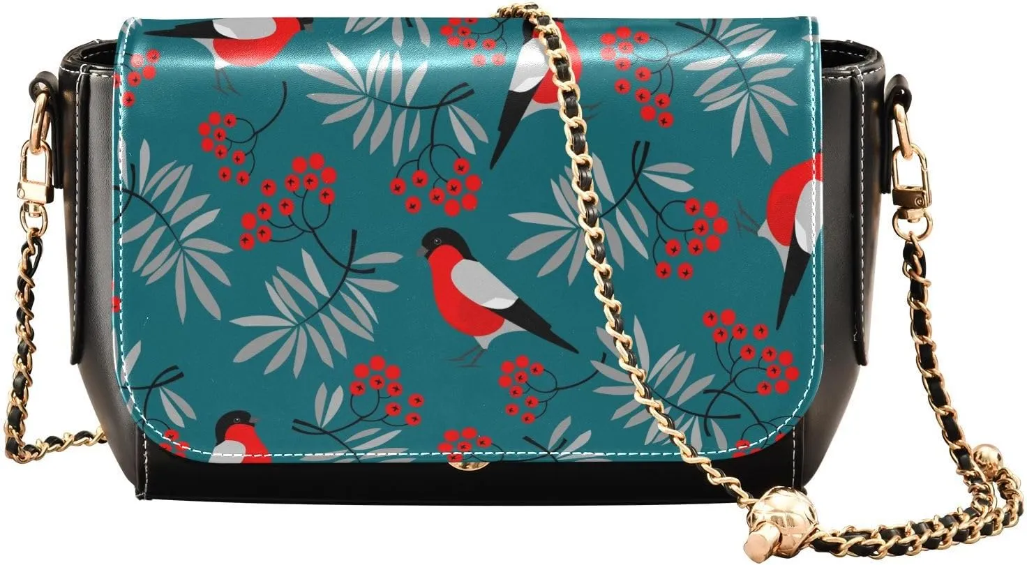 Birds and Berries Crossbody Bags for Women, Trendy Small Shoulder Bag, PU Leather Clutch Purse Underarm Handbag Satchel HandBag with Adjustable Metal Chain