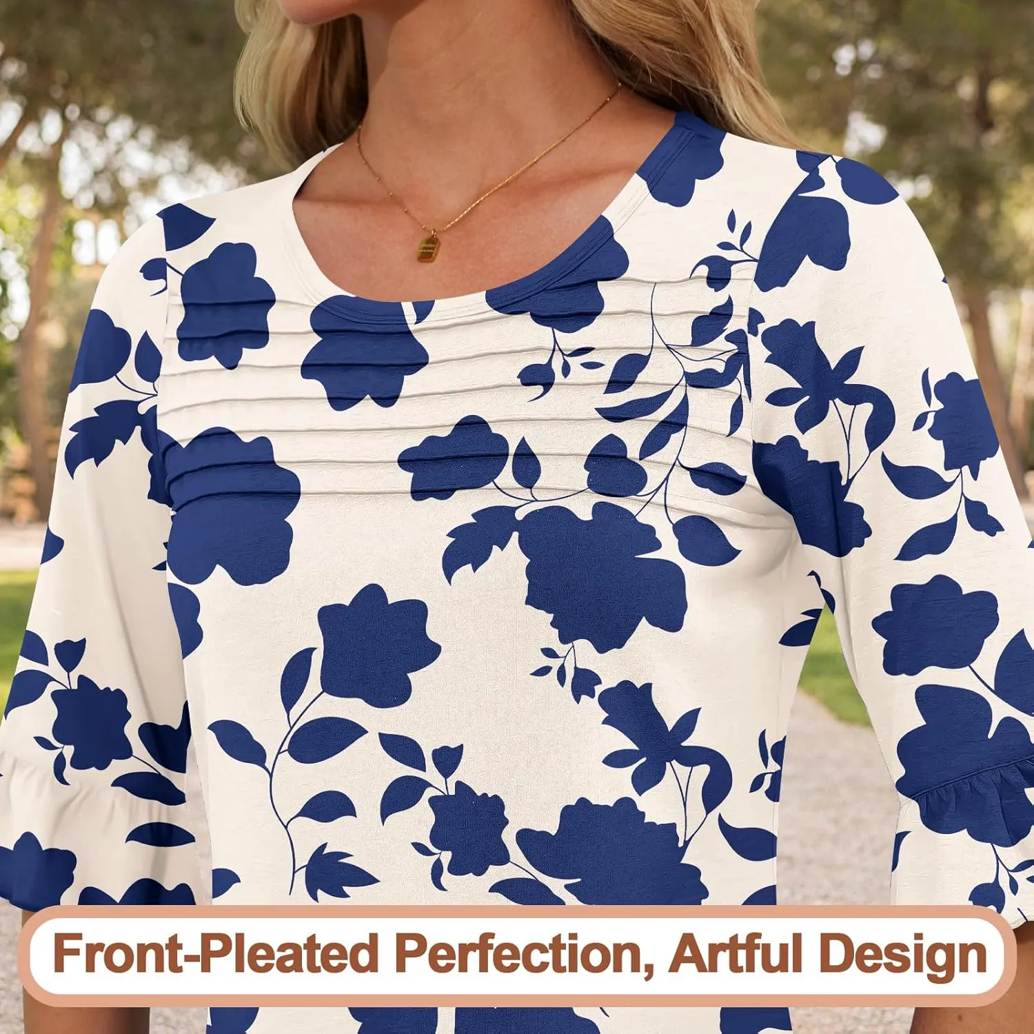Blingfit 3/4 Length Sleeve Womens Tops Dressy Casual Shirts Ruffle Bell Sleeve Front Pleated Fasion Trendy Summer Blouses