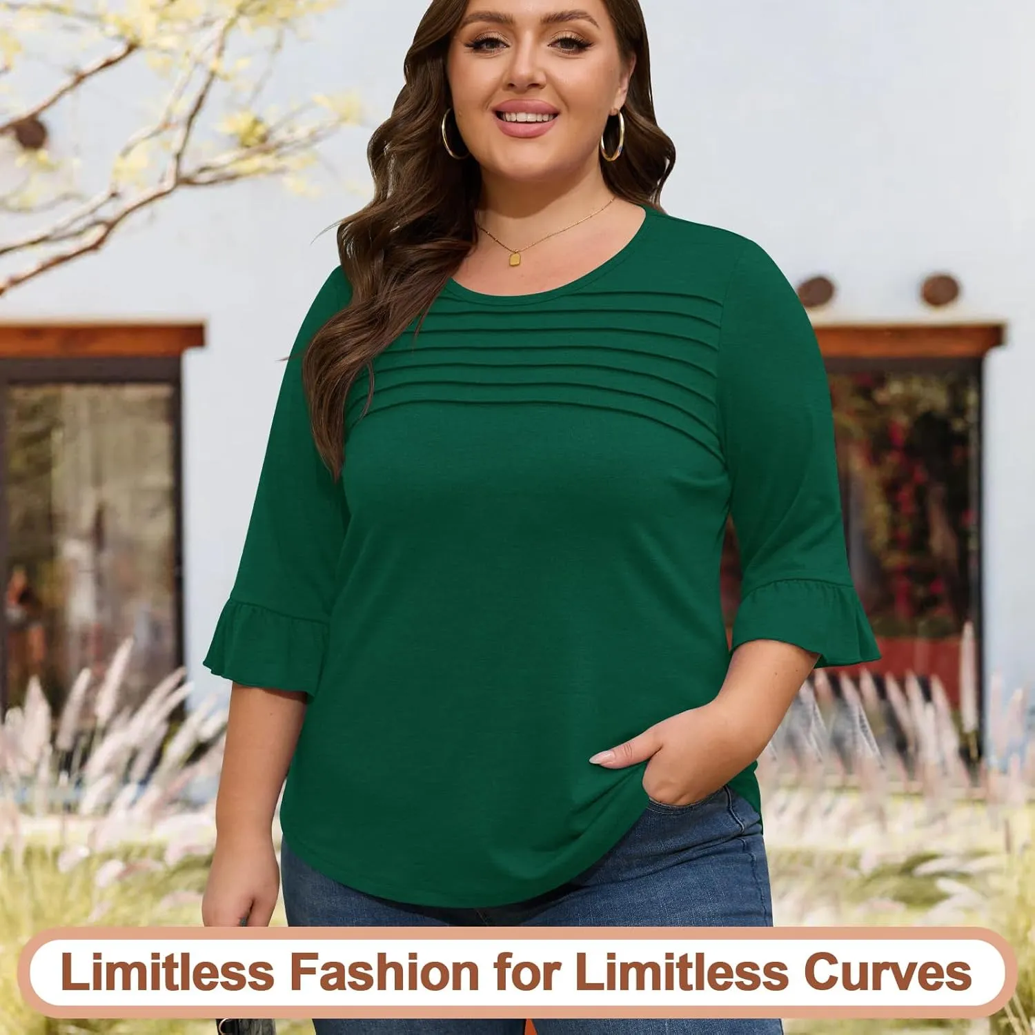 Blingfit 3/4 Length Sleeve Womens Tops Dressy Casual Shirts Ruffle Bell Sleeve Front Pleated Fasion Trendy Summer Blouses