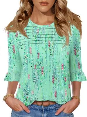 Blingfit 3/4 Length Sleeve Womens Tops Dressy Casual Shirts Ruffle Bell Sleeve Front Pleated Fasion Trendy Summer Blouses