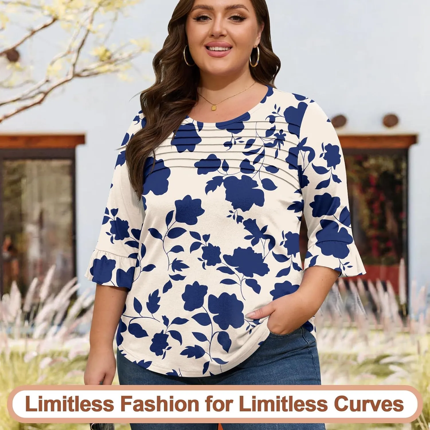 Blingfit 3/4 Length Sleeve Womens Tops Dressy Casual Shirts Ruffle Bell Sleeve Front Pleated Fasion Trendy Summer Blouses