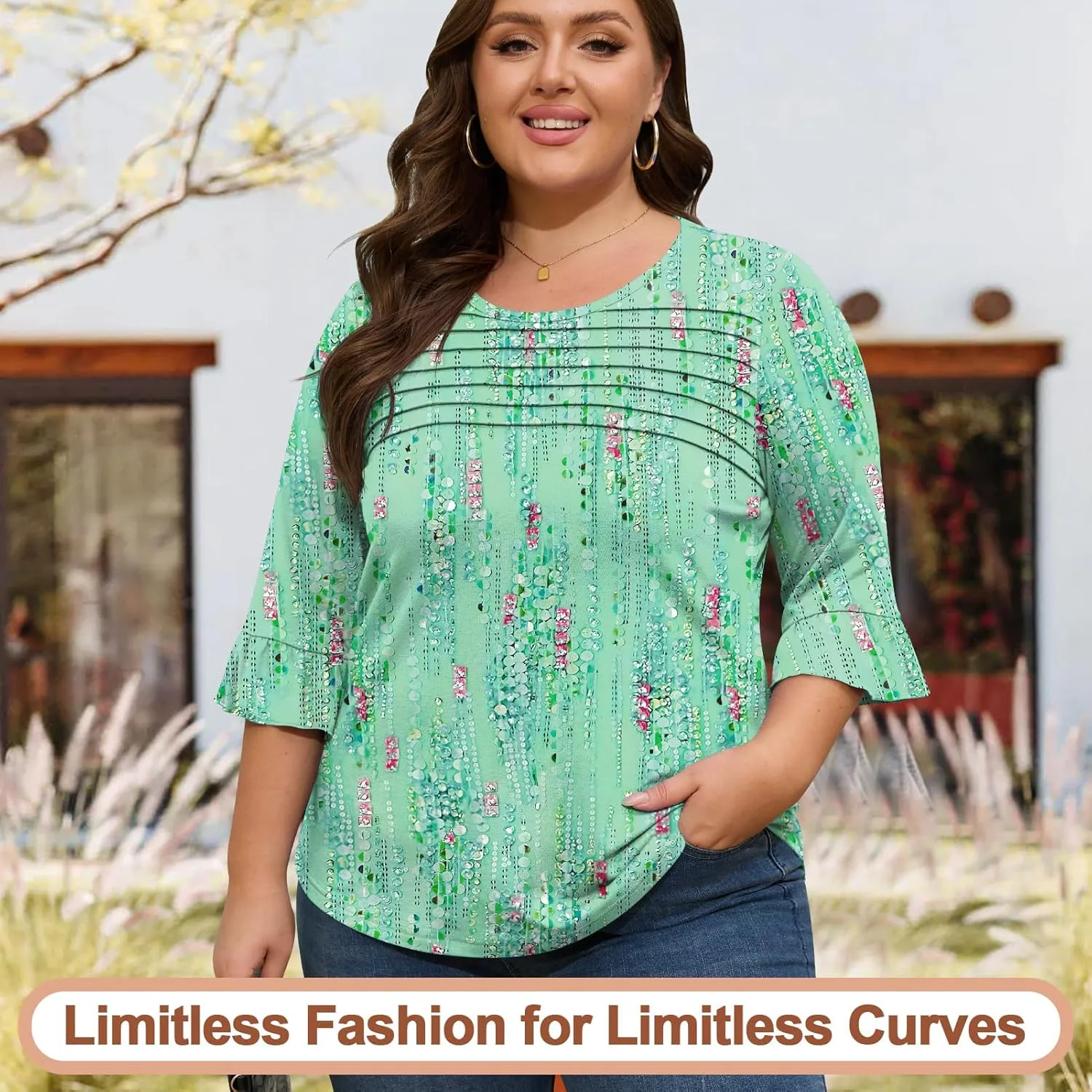 Blingfit 3/4 Length Sleeve Womens Tops Dressy Casual Shirts Ruffle Bell Sleeve Front Pleated Fasion Trendy Summer Blouses