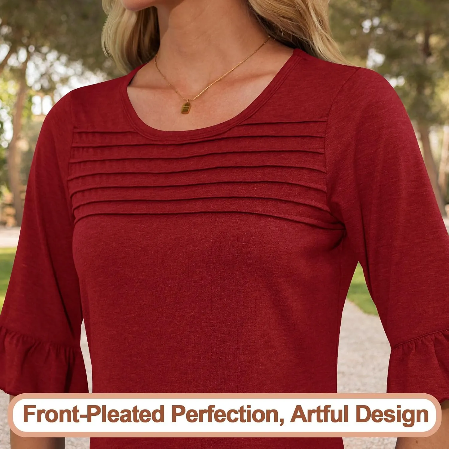 Blingfit 3/4 Length Sleeve Womens Tops Dressy Casual Shirts Ruffle Bell Sleeve Front Pleated Fasion Trendy Summer Blouses