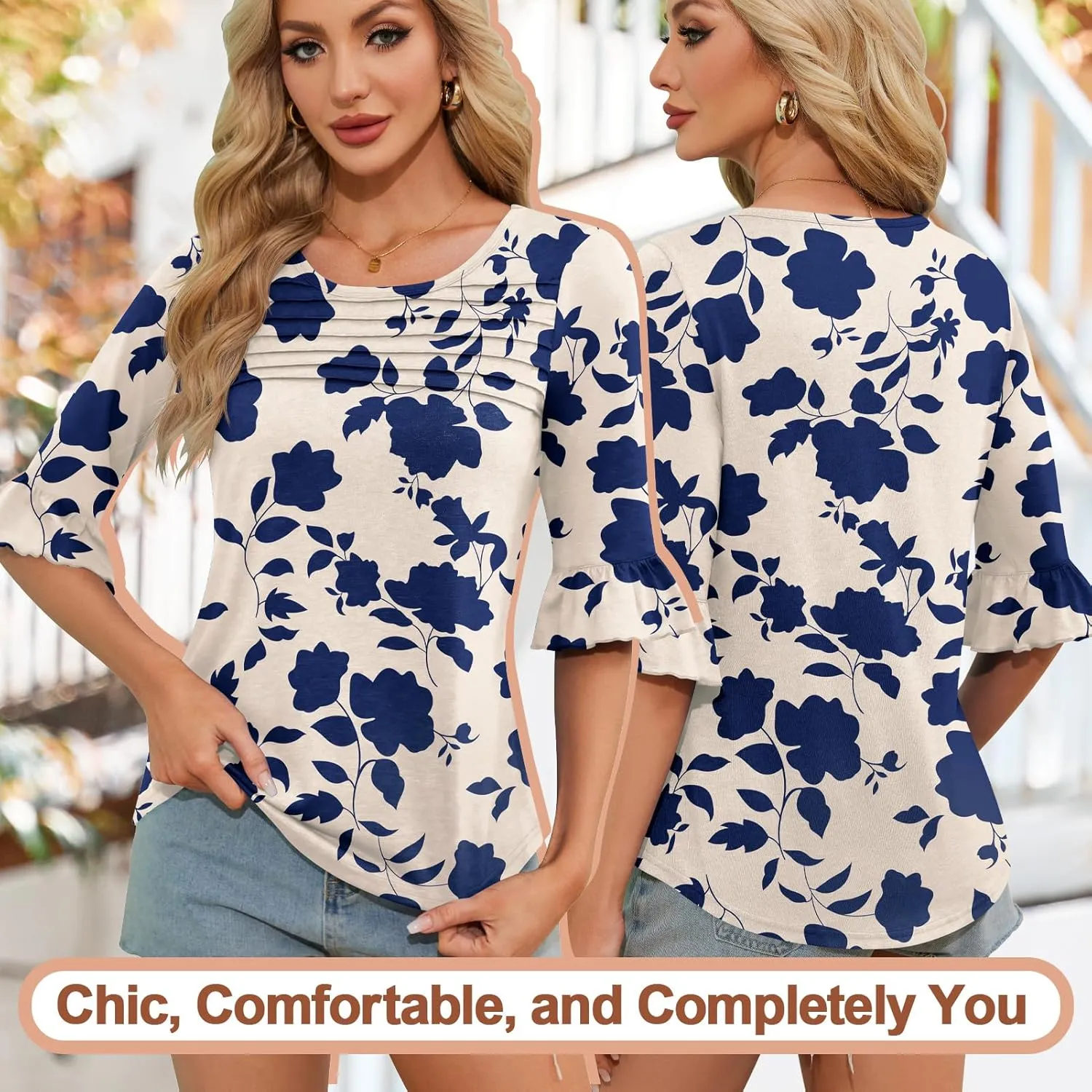 Blingfit 3/4 Length Sleeve Womens Tops Dressy Casual Shirts Ruffle Bell Sleeve Front Pleated Fasion Trendy Summer Blouses