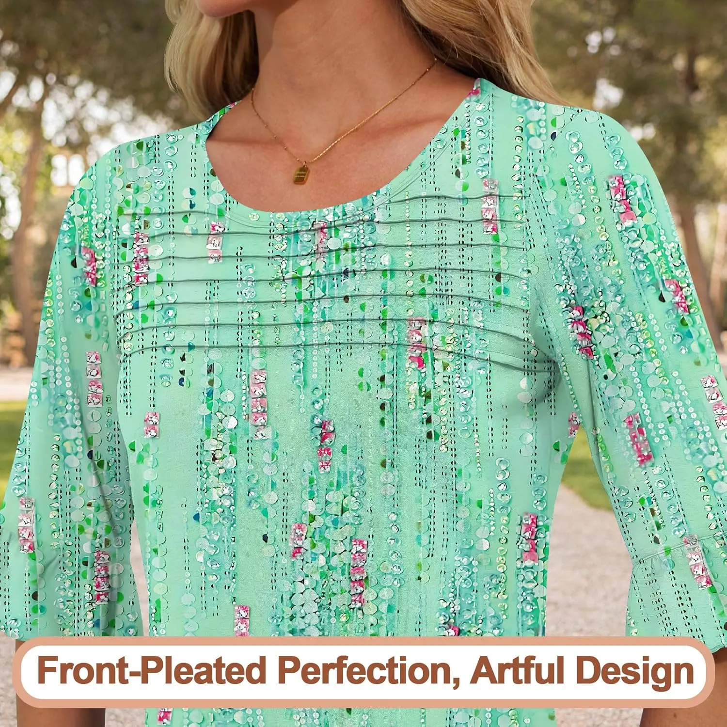Blingfit 3/4 Length Sleeve Womens Tops Dressy Casual Shirts Ruffle Bell Sleeve Front Pleated Fasion Trendy Summer Blouses