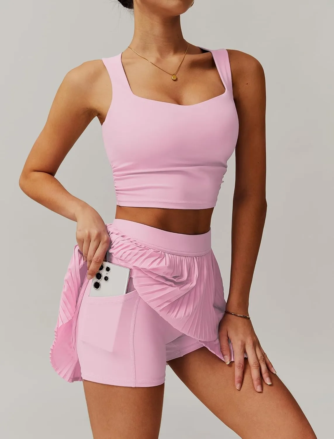 BOCIW 2 Piece Tennis Dresses for Women High Waisted Pleated Skirt Sets Square Neck Workout Crop Tank Tops Golf Outfits