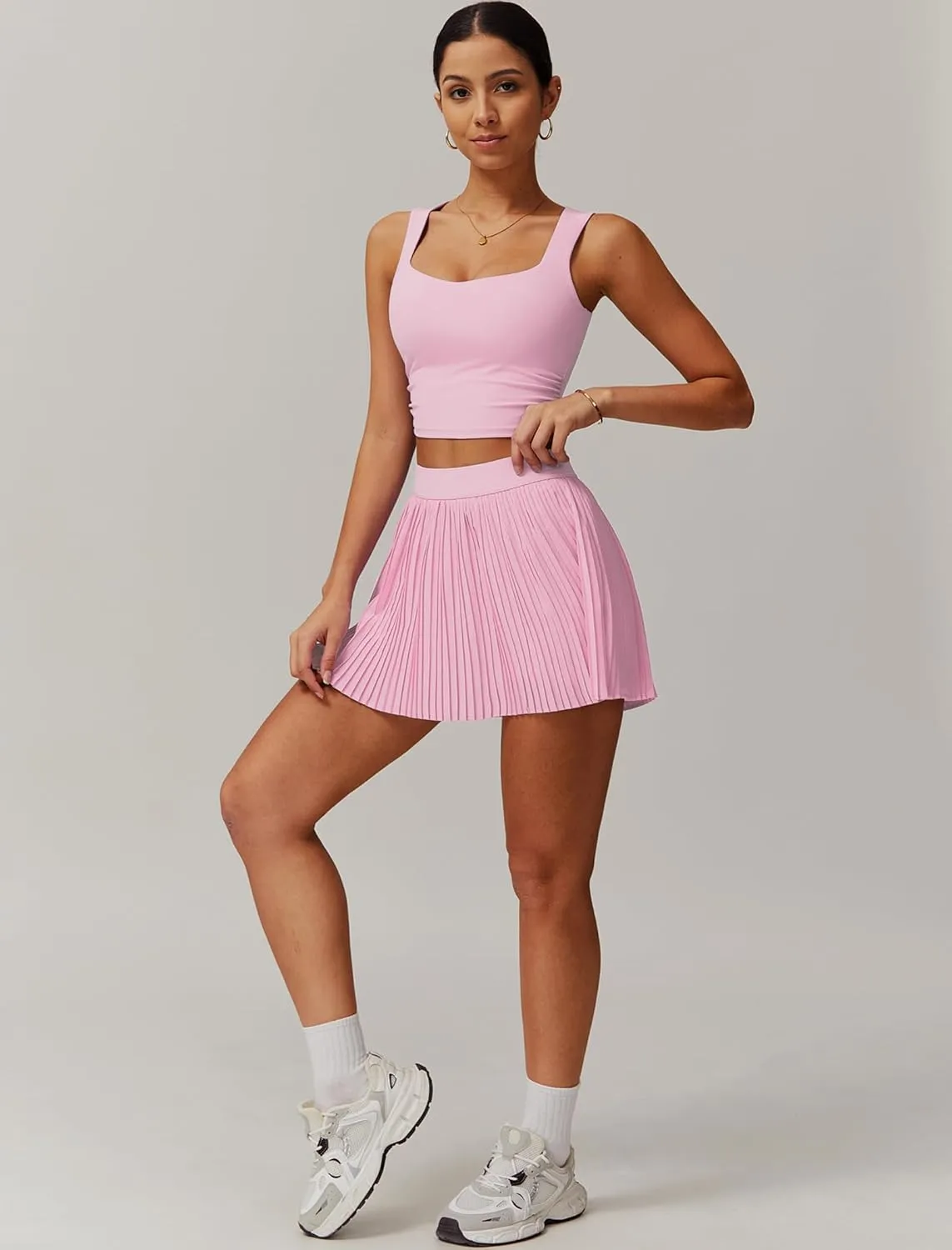 BOCIW 2 Piece Tennis Dresses for Women High Waisted Pleated Skirt Sets Square Neck Workout Crop Tank Tops Golf Outfits