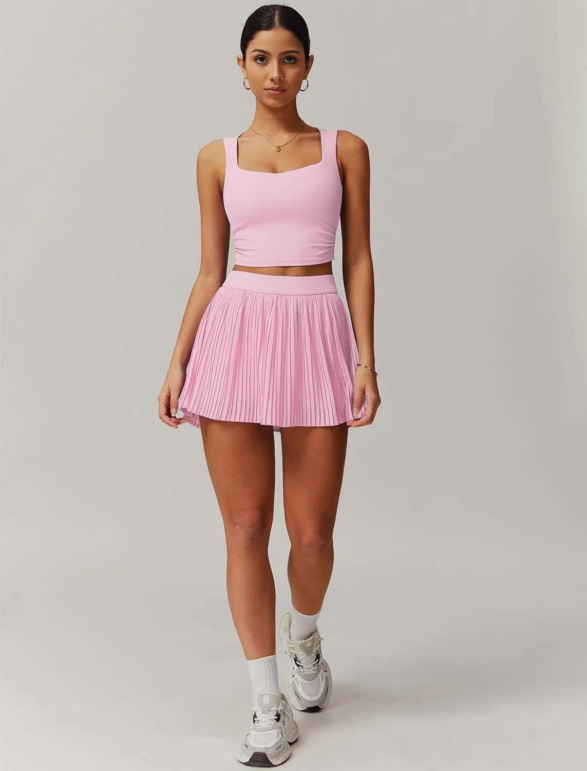 BOCIW 2 Piece Tennis Dresses for Women High Waisted Pleated Skirt Sets Square Neck Workout Crop Tank Tops Golf Outfits