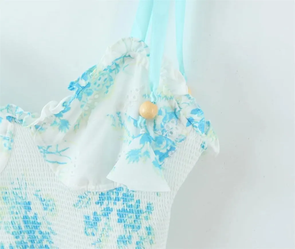 Bohemian Floral Embroidered Mini Dress with Ruffles and Lace-Up Back for Women