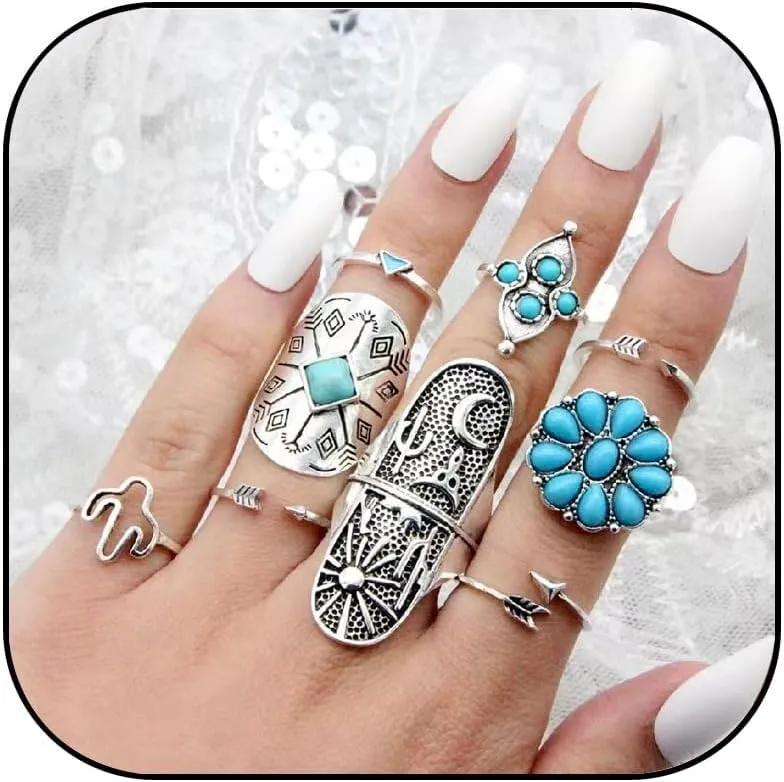 Bohemian Turquoise Ring for Women Vintage Western Rings Jewelry Gem Turquoise Opal Stackable Knuckle Ring Set for Women