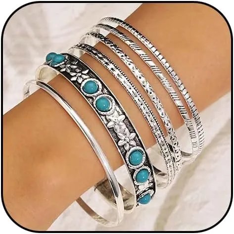 Boho Banlge Bracelets Set Layered Vintage Turquoise Bangle Bracelet Stackable Textured Bracelet for Women (6PCS)