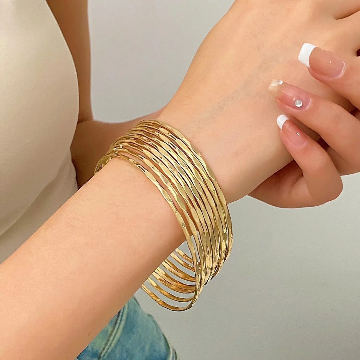 Boho Indian Multi Bangle Bracelet Set for Women Chunky Gold Stackable Textured Bracelets for Women Smooth Layered Stack Bracelets