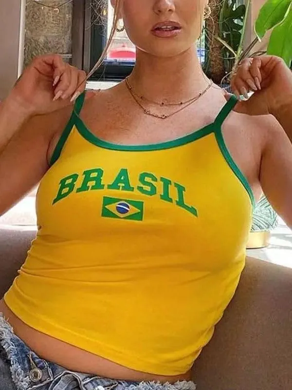 Brazil Strap Tank Top France Crop Top Y2k Shirts Graphic Tees for Women Vintage 90s Streetwear Baby Tees for Women