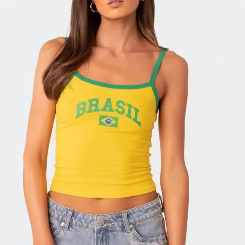 Brazil Strap Tank Top France Crop Top Y2k Shirts Graphic Tees for Women Vintage 90s Streetwear Baby Tees for Women