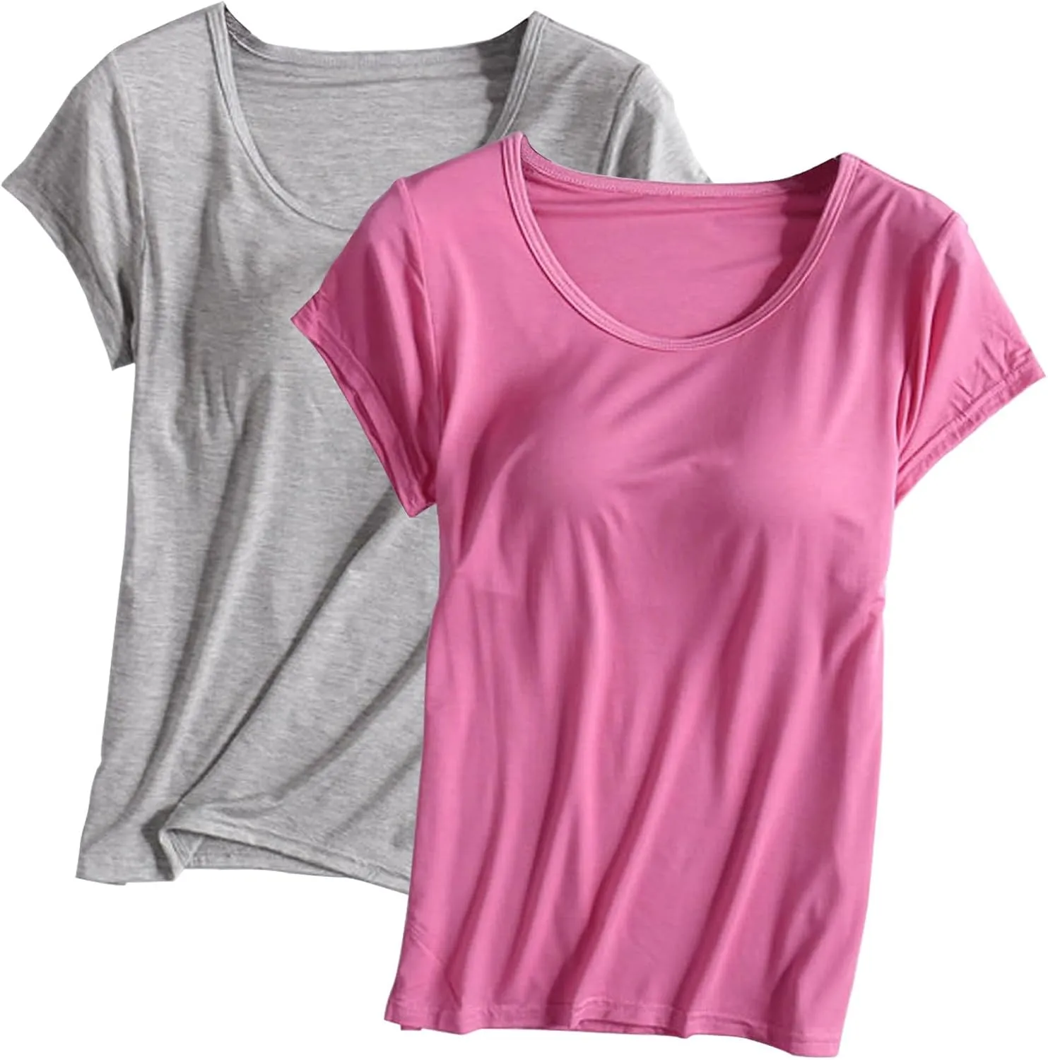 Built in Bra Tops for Women Padded Active Yoga T-Shirt Short Sleeve Plain Blouses Pajama Casual Workout Shirts 2 Pack