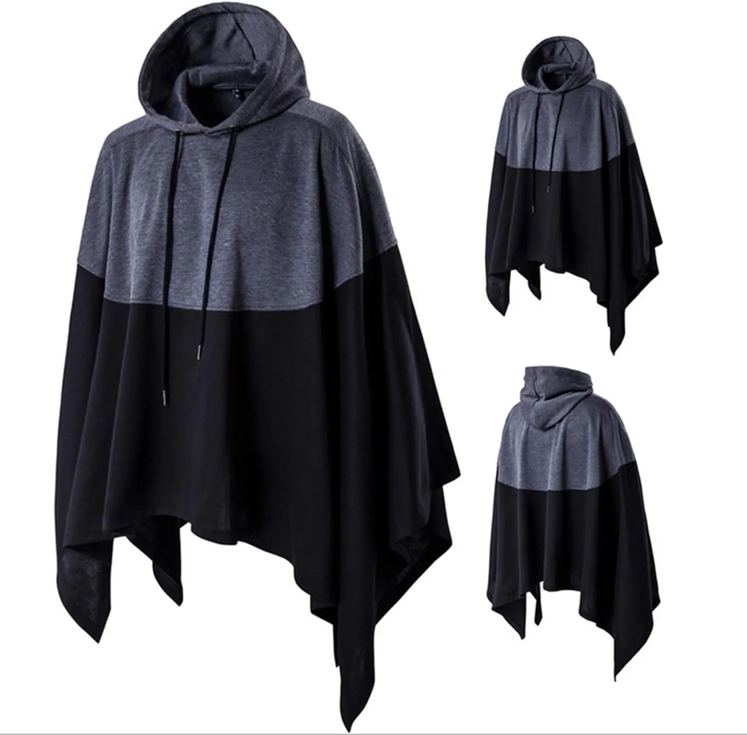 BZGTZT Unisex Hooded Cloak Fashion Color Block Drawstring Hoodie Cape Asymmetrical Oversized Batwing Sleeves Poncho Tops