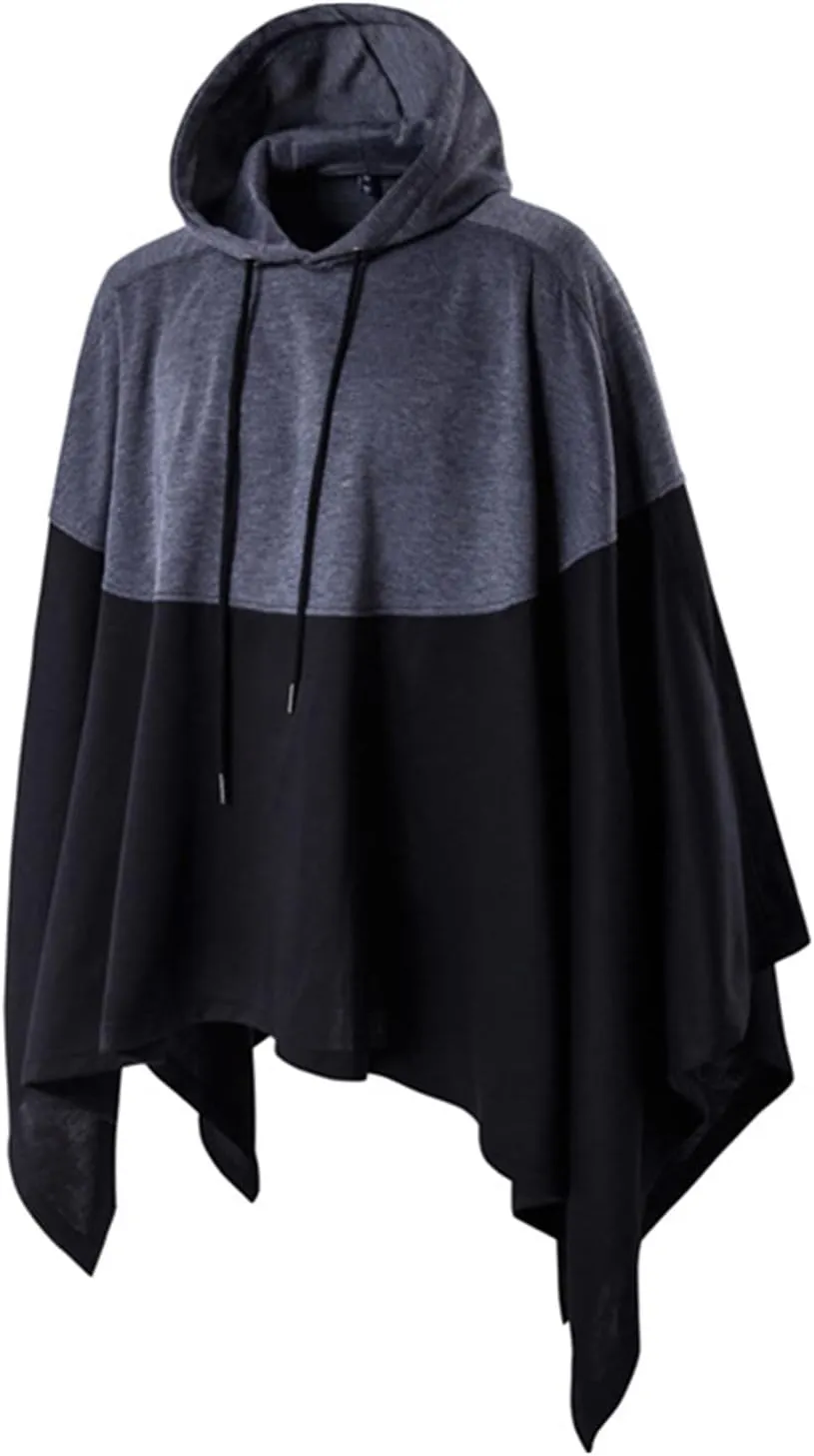 BZGTZT Unisex Hooded Cloak Fashion Color Block Drawstring Hoodie Cape Asymmetrical Oversized Batwing Sleeves Poncho Tops