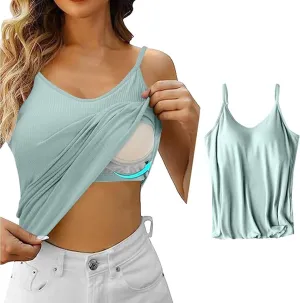 Camisole Tops For Women Built In Bra Adjustable Spaghetti Strap Tank Tops Shelf Bra Casual Sleeveless Loose Fit Tee