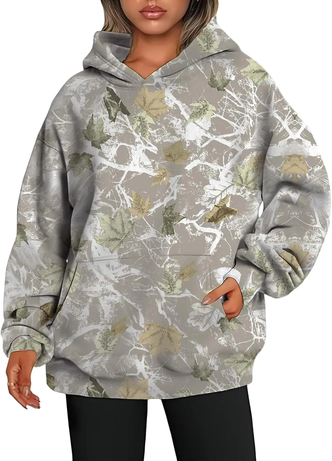 Camo Hoodies Womens Sweatshirt Maple Leaf Print Oversized Fleece Sweatshirts Classic Pullover Tunic Tops with Pocket