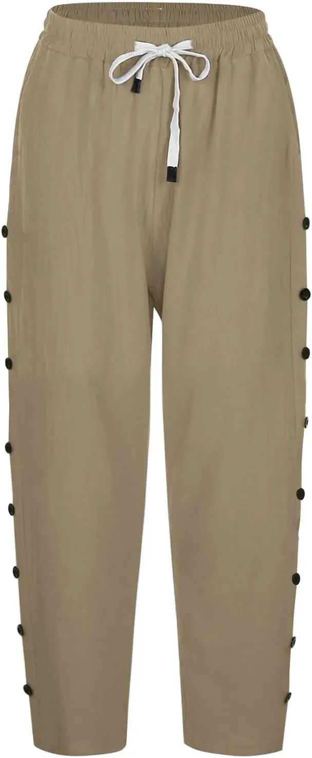Capri Pants for Women Casual Striped Linen Pants Loose Fit Drawstring Trousers High Waist Cropped Trousers