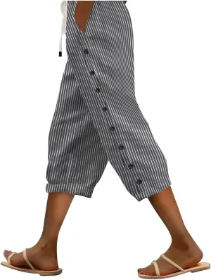 Capri Pants for Women Casual Striped Linen Pants Loose Fit Drawstring Trousers High Waist Cropped Trousers
