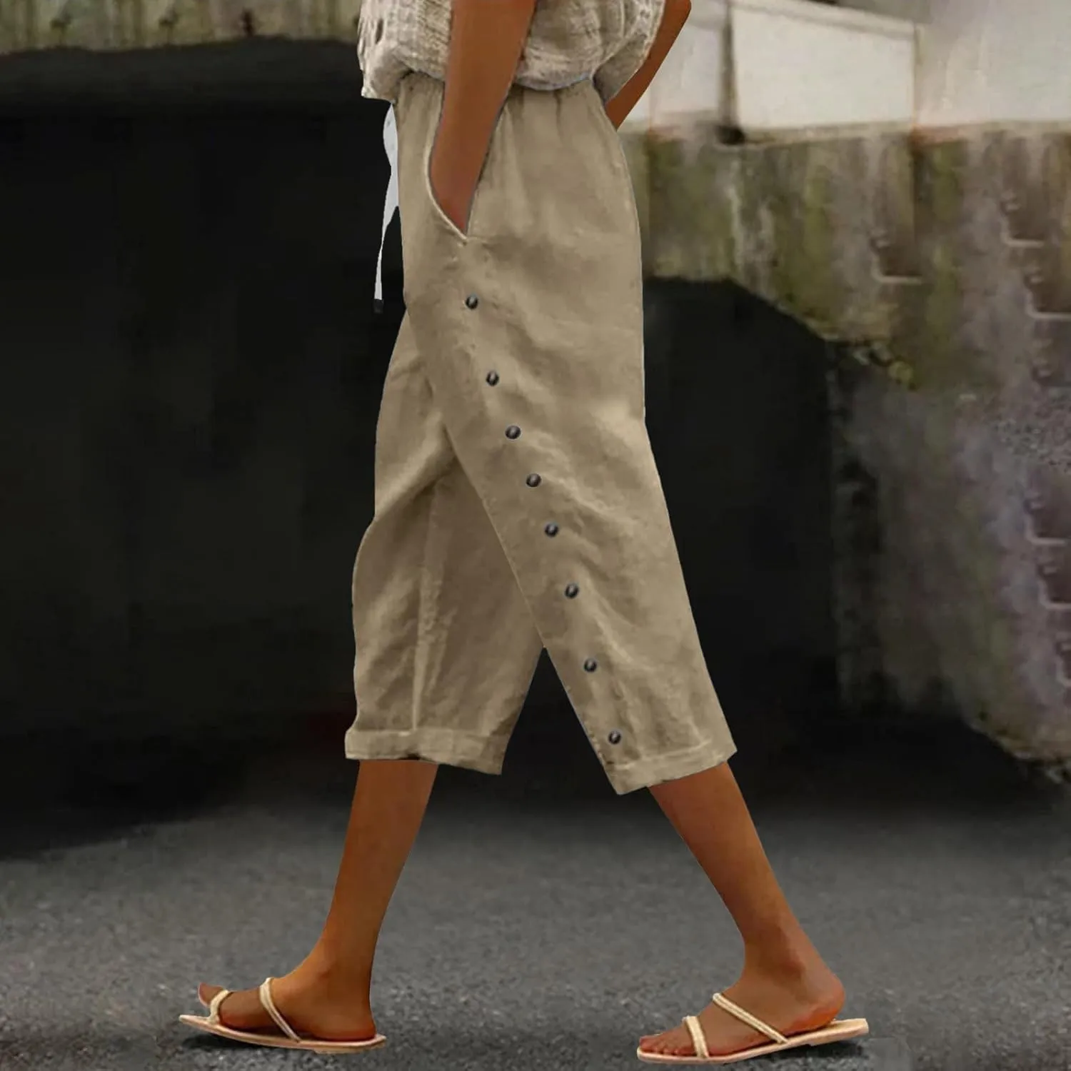 Capri Pants for Women Casual Striped Linen Pants Loose Fit Drawstring Trousers High Waist Cropped Trousers