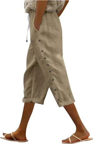 Capri Pants for Women Casual Striped Linen Pants Loose Fit Drawstring Trousers High Waist Cropped Trousers