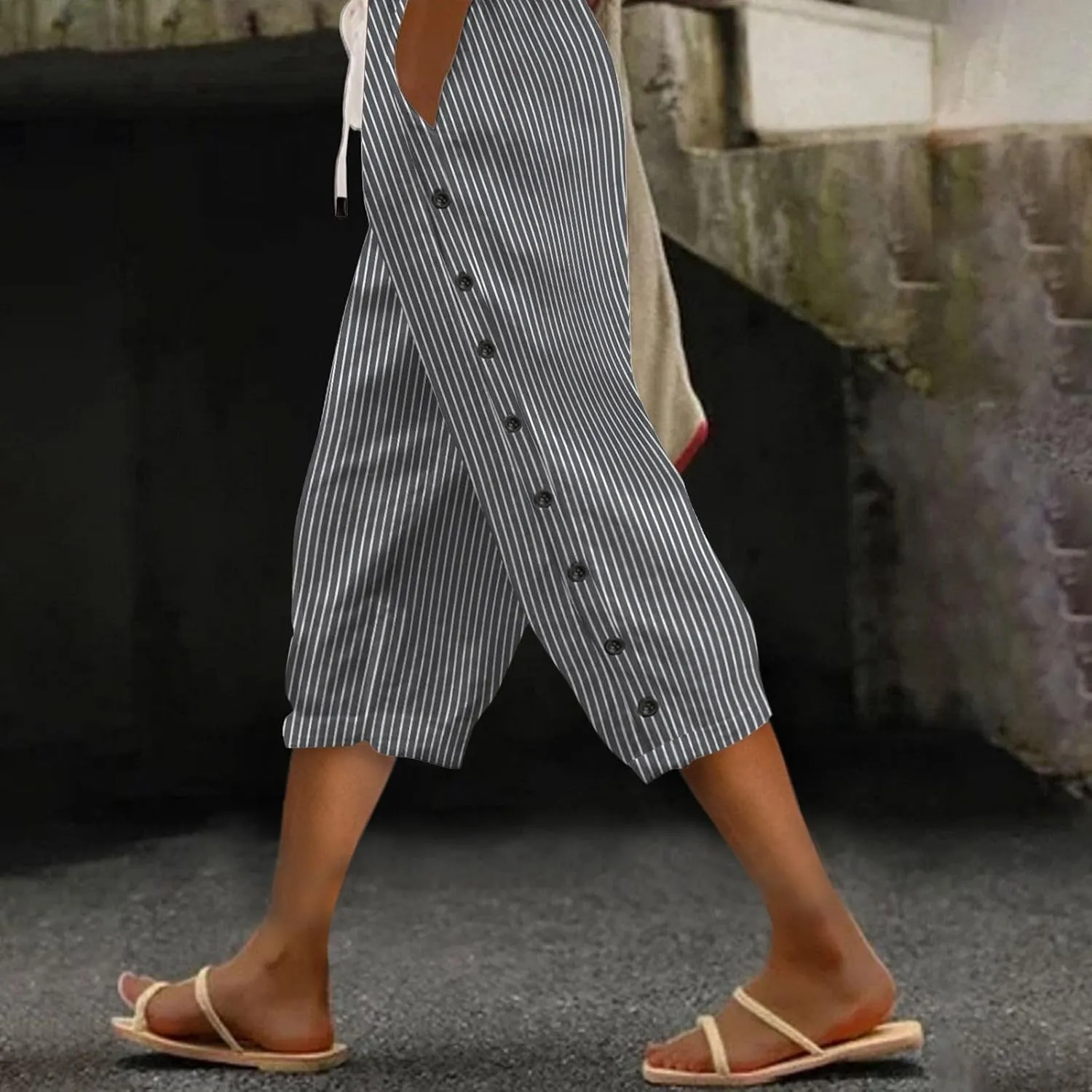 Capri Pants for Women Casual Striped Linen Pants Loose Fit Drawstring Trousers High Waist Cropped Trousers