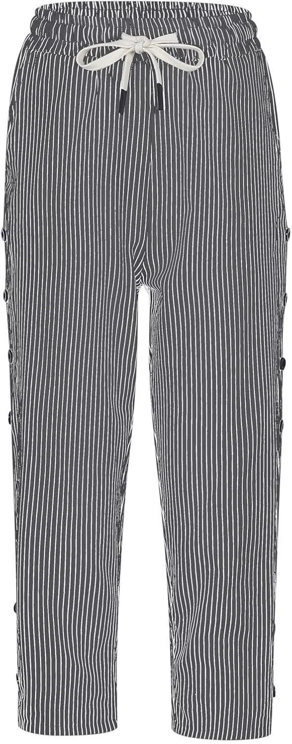 Capri Pants for Women Casual Striped Linen Pants Loose Fit Drawstring Trousers High Waist Cropped Trousers