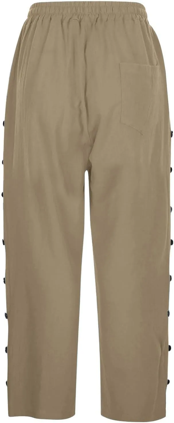 Capri Pants for Women Casual Striped Linen Pants Loose Fit Drawstring Trousers High Waist Cropped Trousers