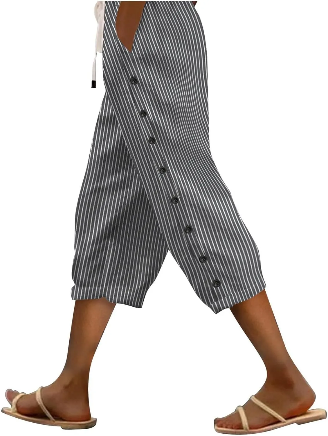 Capri Pants for Women Casual Striped Linen Pants Loose Fit Drawstring Trousers High Waist Cropped Trousers
