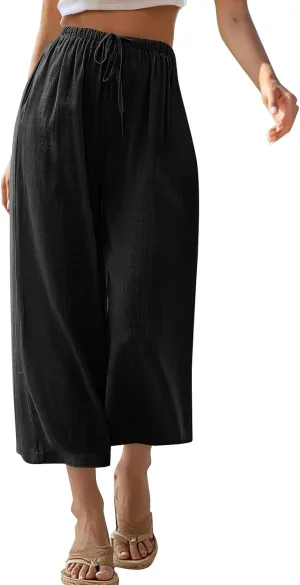 Capri Pants for Women High Waisted Wide Leg Linen Palazzo Trousers Summer Elastic Smock Waist Loose Flowy Pants